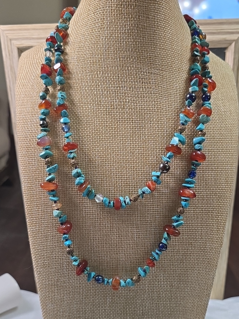 Southwestern Faux Turquoise Carnelian & Glass Beaded Long Necklace